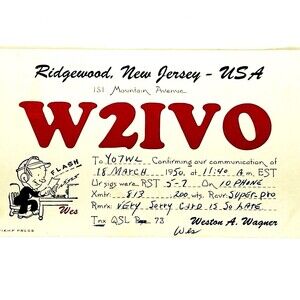 QSL Card Ham Radio CB 1950 VTG Cartoon Romania Ridgewood NJ W2IVO Stamp MCM